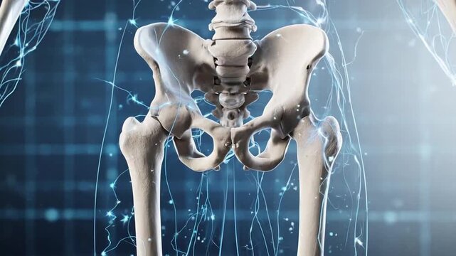 Human pelvis and leg bones anatomy highlighted digitally