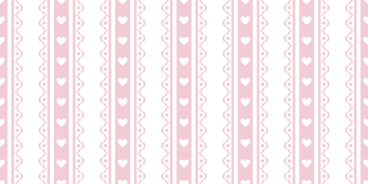 Pastel pink cute vertical heart lace stripes, romantic valentine seamless vector pattern