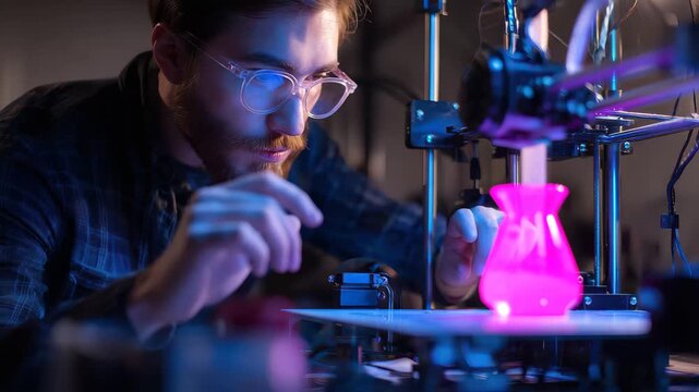 Man works on 3D printer in a lab while creating a small purple flask in dim light during a night session focused on printing