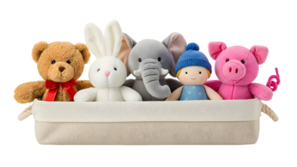 Cute Stuffed Toy Animals Sitting Together in White Basket Isolated on White