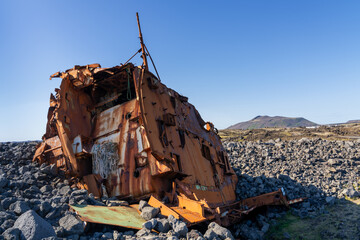 Fototapeta premium view of the shipwreck of the Hrafn Sveinbjarnarson III on the Hopnes Peninsula near Grindavik