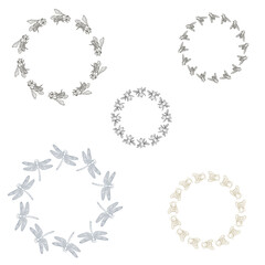 Bees and bumblebee, flies and dragonflies in a round frame, set of silhouettes. Vector illustration. Wreaths of flying insects, isolated on a black background.