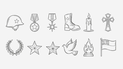 Obraz premium Collection of military and memorial symbols in a clean line art style