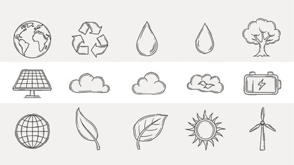 Fototapeta premium Collection of hand-drawn icons representing environmental protection and renewable energy sources
