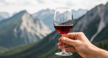 Obraz premium Elegant Red Wine Glass Held Aloft Against Stunning Mountain Vista Backdrop for Sophisticated Brand Appeal