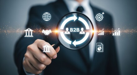 B2B Business Concept Displayed Through Magnifying Glass Held by Professional in Suit, Emphasizing Growth and Partnerships