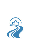 Serene Blue Stylized River Flowing with a Lotus Flower Symbol on Isolated White Background