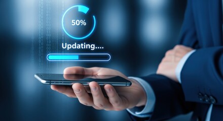 Software Update in Progress on Mobile Device Held by Man in Suit with Futuristic Elements