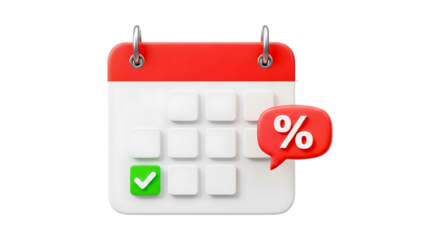 Red Calendar with Check Mark and Percentage Symbol