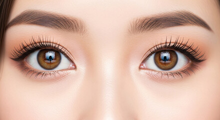 Naklejka premium Extreme close-up of a woman's beautiful brown eyes with perfect makeup, long lashes, and defined eyebrows, showcasing detailed beauty and precision.