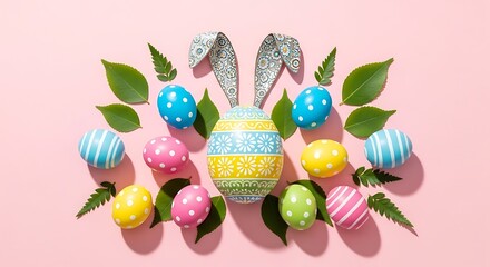 Festive easter egg decoration arrangement with bunny ears and green leaves for spring celebration