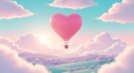 Obraz premium Heart shaped hot air balloon floats serenely amongst pastel clouds and sky