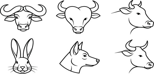 Obraz premium Set of minimalist vector line icons featuring domestic and wild animal heads including bull, cow, buffalo, rabbit, and dog illustrations.