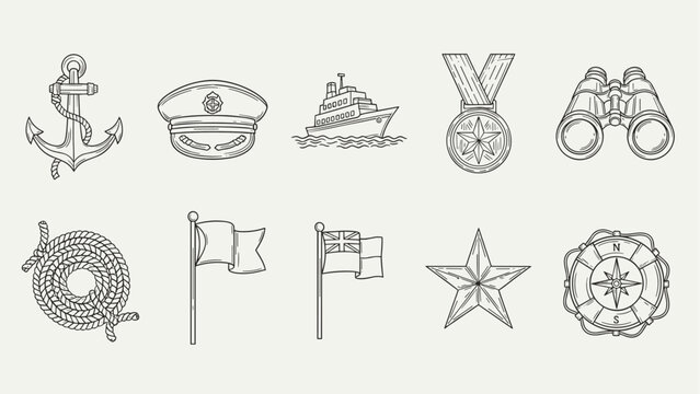 Nautical and maritime icons collection with anchor, ship, compass, and binoculars