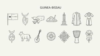 Obraz premium Black and white Guinea-Bissau cultural icons including food, map, clothing, drum, and patterns.