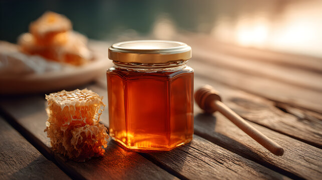 Honey jar with gold lid on wooden table with honeycomb and dipper natural light