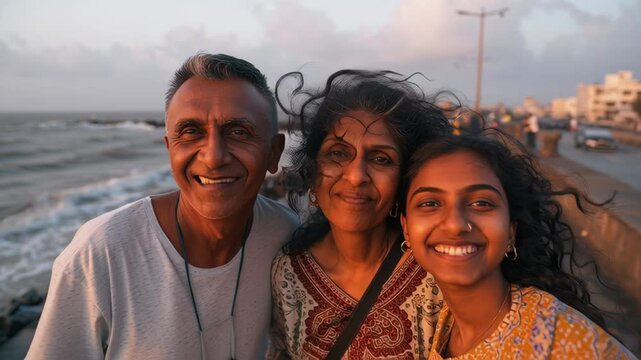 Happy Indian Family Taking Selfie by the Beach During Sunset with Smiling Faces and Wind-Blown Hair