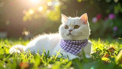 White Scottish Fold Cat with Purple Gingham Bandana