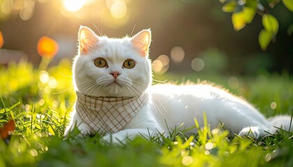 White Scottish Fold Cat with Cream Gingham Bandana