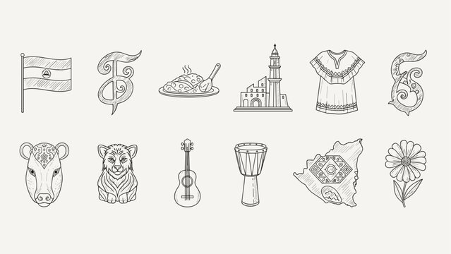 Nicaragua cultural symbols and icons in a hand-drawn sketch style