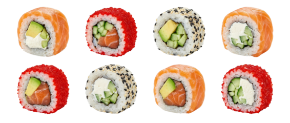 Assortment of Fresh Sushi Rolls with Salmon, Avocado, Cucumber, and Cream Cheese