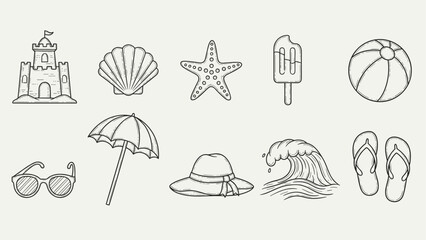 Set of hand drawn beach and summer vacation elements including sea wave, fish, beach ball, cocktail, sun, seashell, towel, umbrella, sunglasses and starfish.