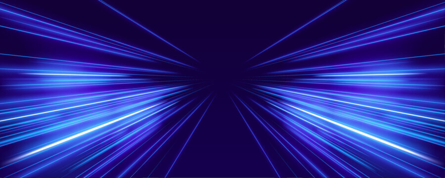 Panoramic high speed technology concept, light abstract background. Vector dark blue abstract background with ultraviolet neon glow, blurry light lines, waves.	