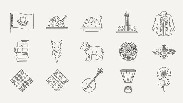 Collection of cultural symbols and icons from Central Asia, including traditional clothing and food