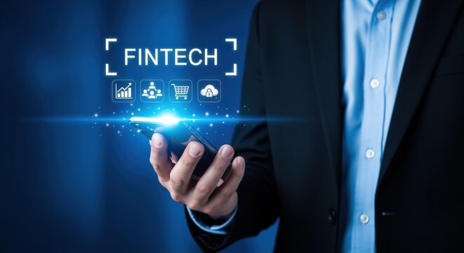 Fintech Technology Concept: Businessman Presenting Digital Financial Solutions and Innovation Through Mobile Phone Interface - Powered by Adobe