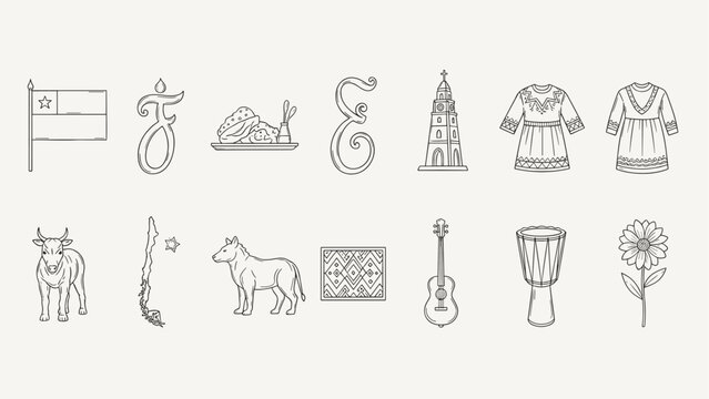Chilean cultural symbols and landmarks in a line art collection