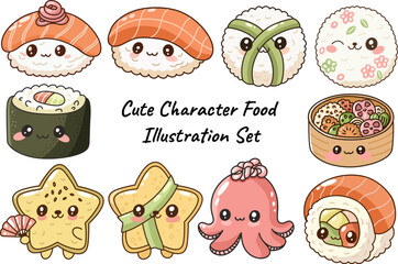 Cute Character Food Illustration Set &ndash; Kawaii Sushi and Asian Food Characters
