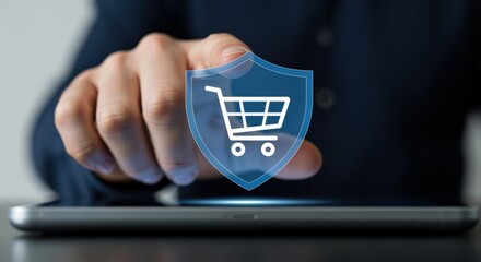 Secure Online Shopping Concept: Hand Touching a Digital Shield with a Shopping Cart Icon