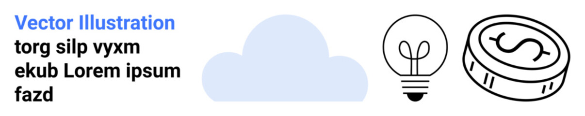 Cloud computing, innovation, finance, technology services, brainstorming, digital economy. A cloud, light bulb and coin symbols arranged in a clean layout. Cloud computing and innovation concept