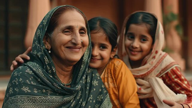 Warm and joyful portrait of an elderly Indian woman with two young girls in traditional attire, showcasing family bonds and cultural heritage