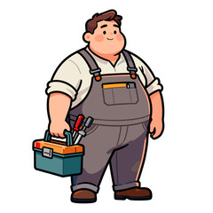 [Vector EPS]A man in overalls holding a toolbox and tools standing upright