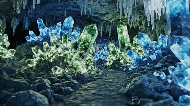 3D animation of a dark cave filled with glowing blue and green crystals. Camera moving forward through an underground tunnel lined with luminous gemstones and stalactites. Fantasy magic concept