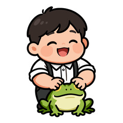 Obraz premium [Vector EPS]A cheerful boy playing with a green frog in a cute cartoon style