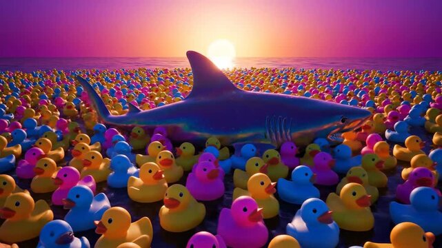 Giant Shark Surrounded by Colorful Rubber Ducks at Sunset