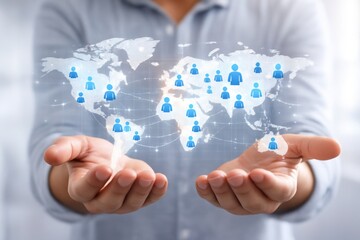Global Connection: An individual cradles a digital representation of the world, adorned with interconnected human figures, symbolizing global reach and interconnectedness.