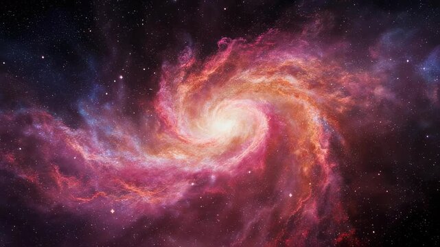 A vibrant, swirling galaxy of pink and orange dust and stars, set against a dark, starry backdrop
