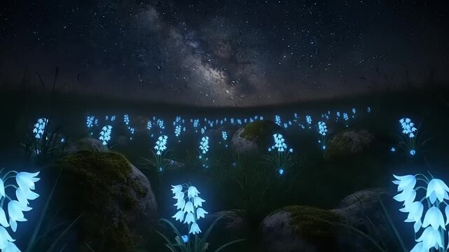 Glowing Blue Plants Under Starry Night Sky.