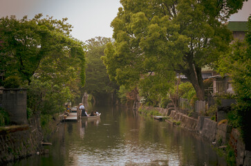 Traditional sightseeing boat "Donkobune" on the canal in Yanagawa, Fukuoka, Japan.