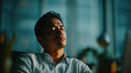 Man with closed eyes in a quiet office setting reflects during evening hours
