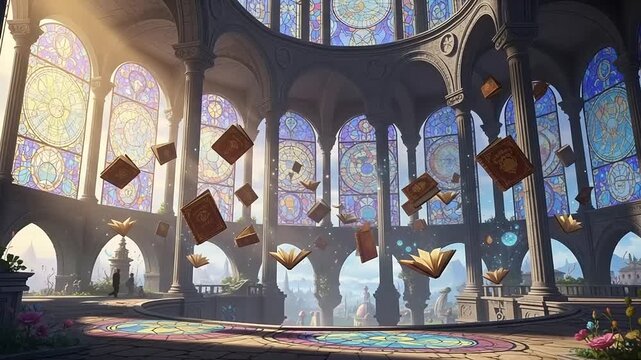 Islamic Mosque Interior with Flying Quran Books.