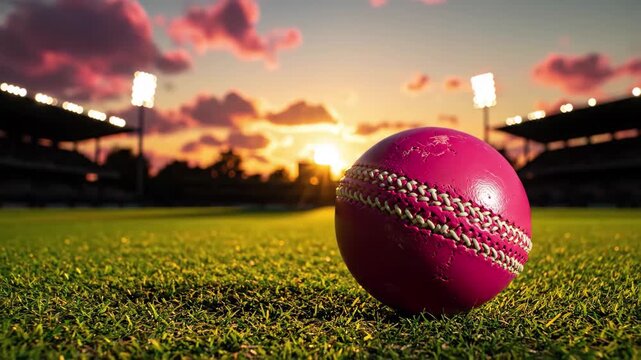 Closeup of a pink cricket ball on grass pitch at sunset with stadium lights