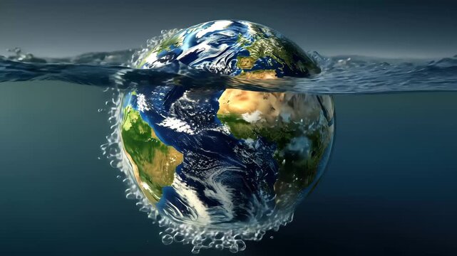 Earth submerged in water with waves splashing around showing land and oceans during a conceptual representation of climate change