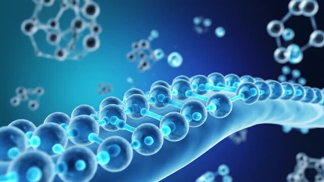 3d rendering of a molecular chain structure with surrounding molecules in blue tones