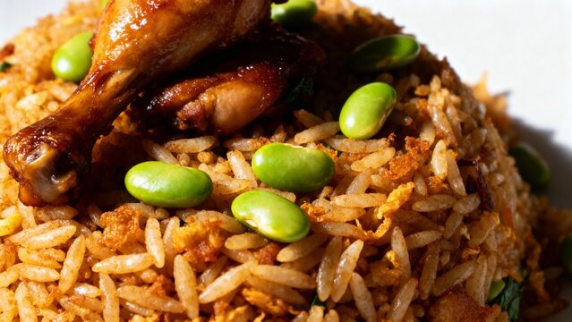 Aesthetic close-up of nasi goreng pete with green petai beans, dramatic shadows, high resolution, sharp focus, no text, no watermark, professional food photography