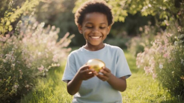 A young boy holding a small object in a lush green garden with flowers