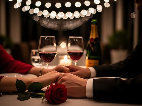 Romantic dinner with a couple holding hands over a table with wine and roses